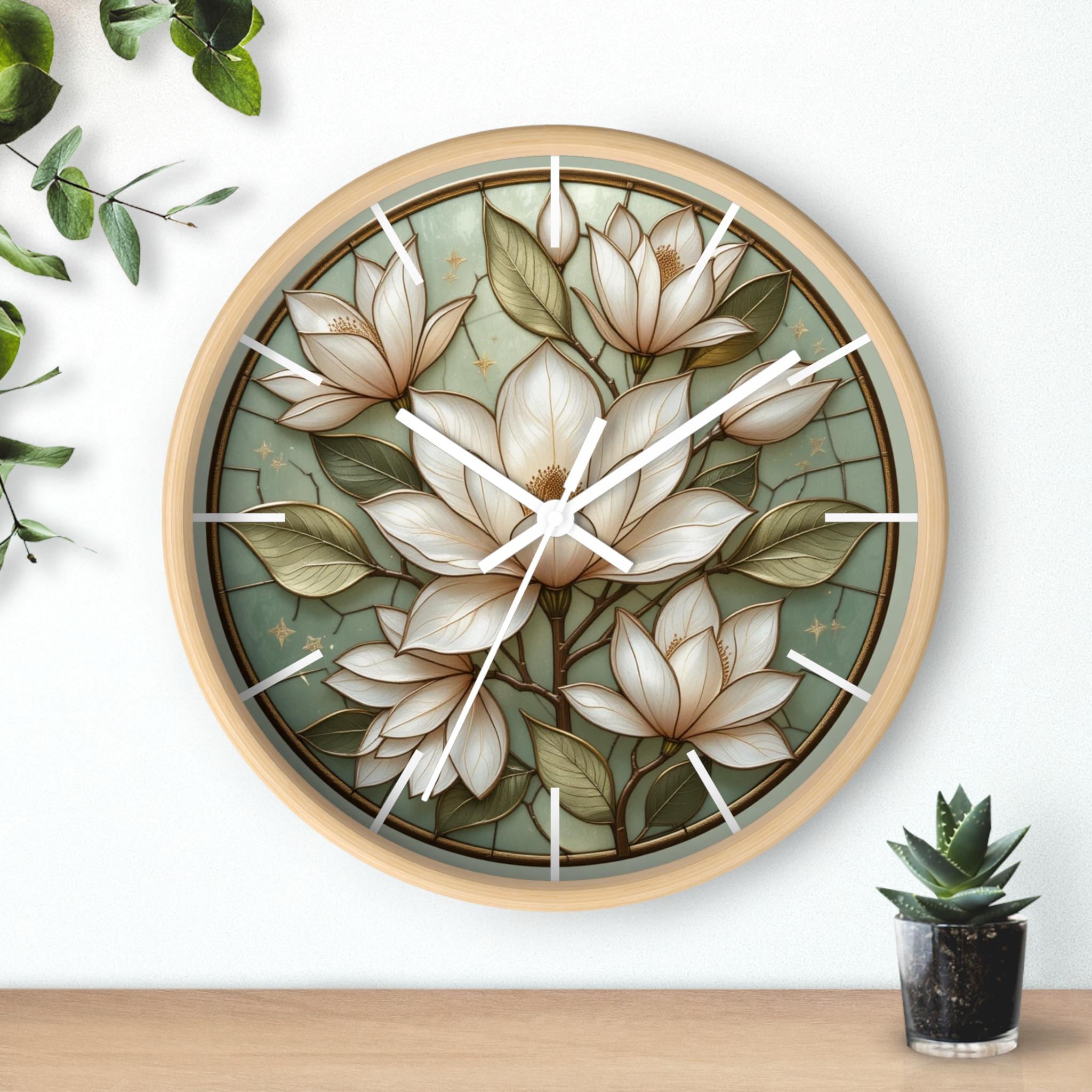 Magnolia Flower Wall Clock with Light Wood Frame