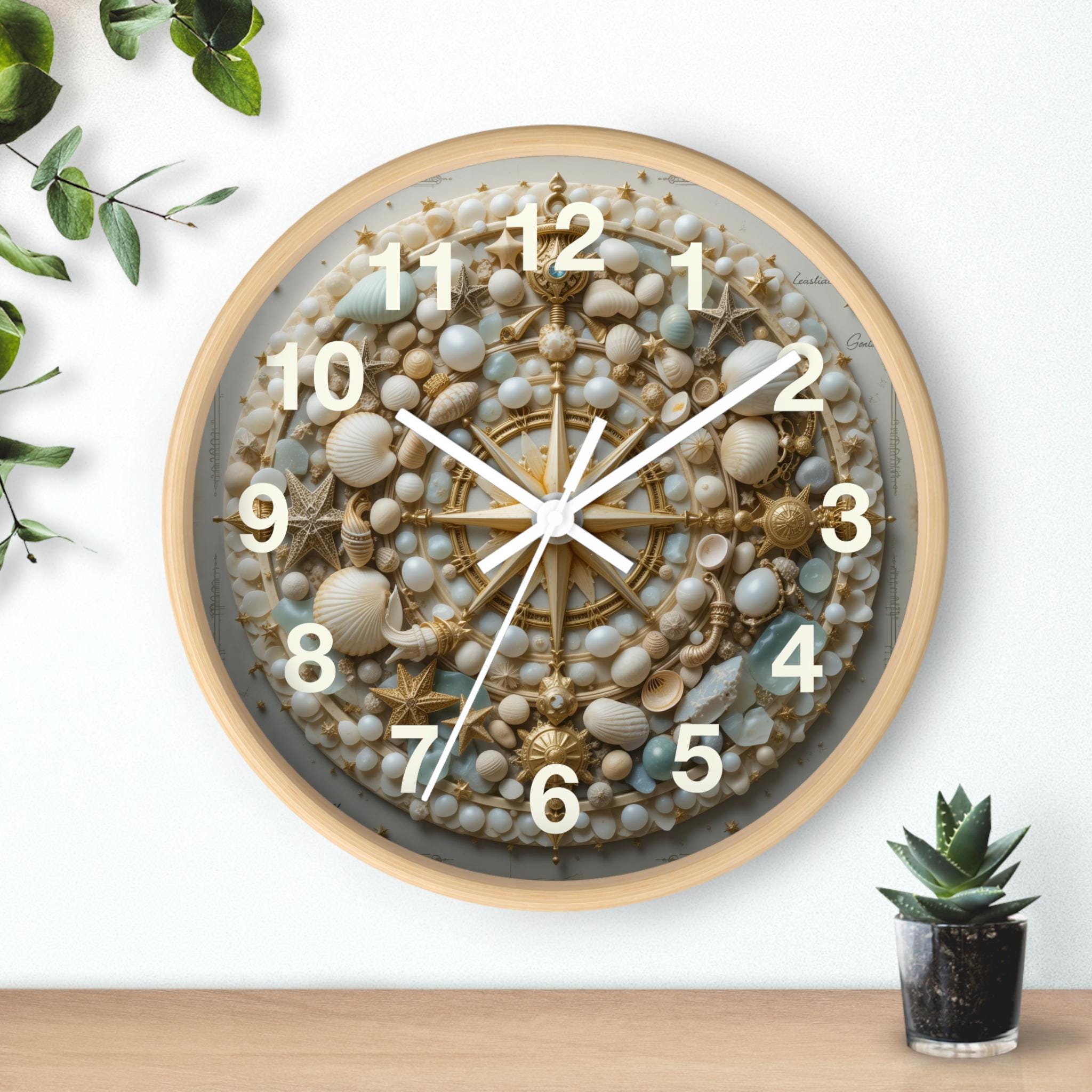 Marine-style wall clock with golden compass pattern