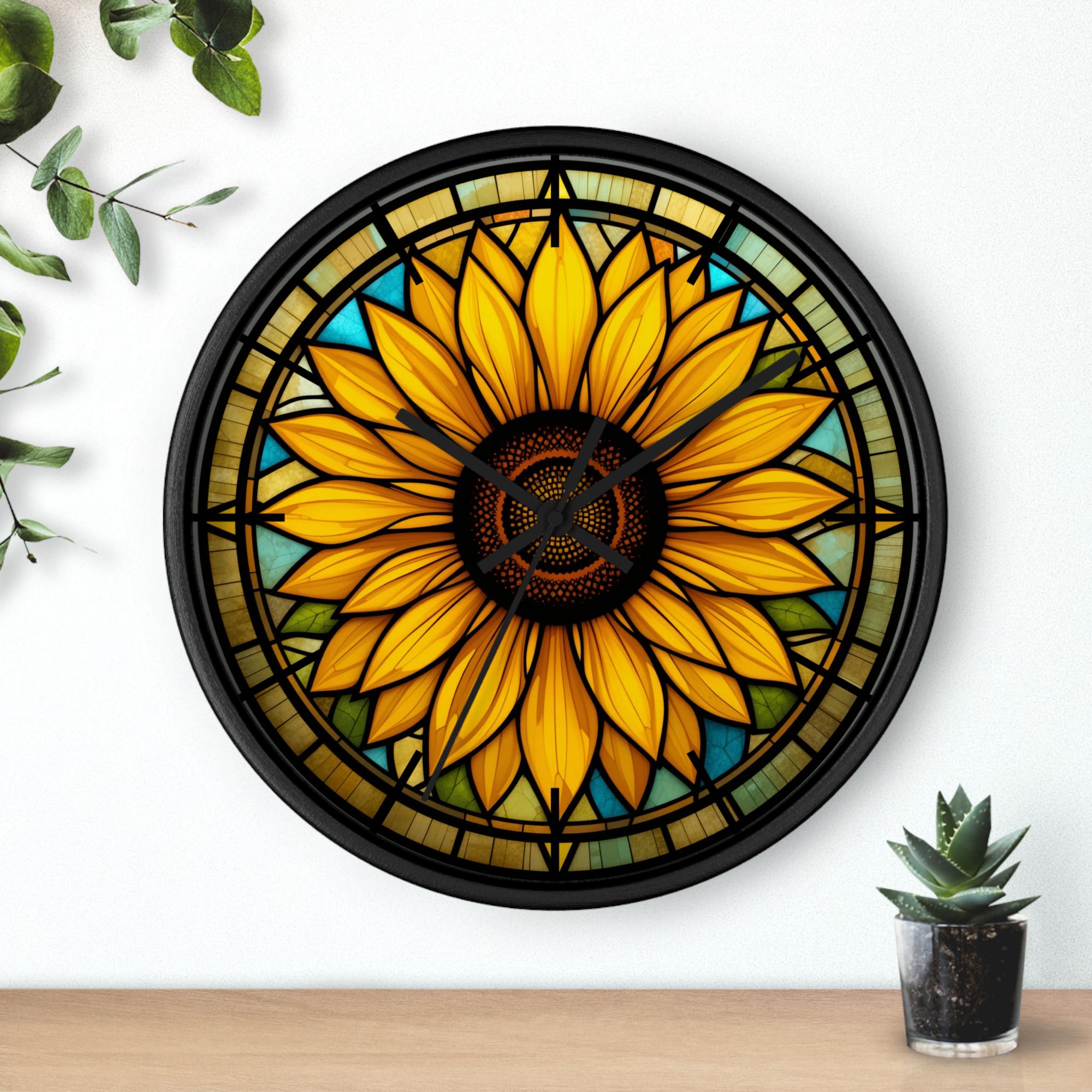 Sunflower Wall Clock with Black Frame
